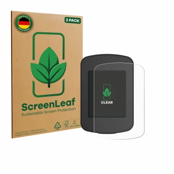Parte frontal de un envase de producto con el logotipo de la marca ScreenLeaf. Al lado se muestra el dispositivo Decathlon Van