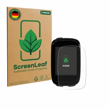 Parte frontal de un envase de producto con el logotipo de la marca ScreenLeaf. Al lado se muestra el dispositivo Decathlon Van