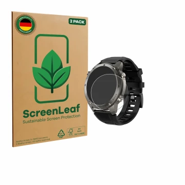 Parte frontal de un envase de producto con el logotipo de la marca ScreenLeaf. Al lado se muestra el dispositivo Knauermann GP