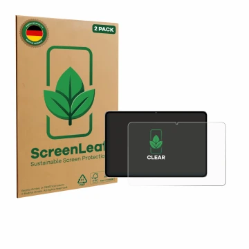 Parte frontal de un envase de producto con el logotipo de la marca ScreenLeaf. Al lado se muestra el dispositivo Nubia Pad Pro
