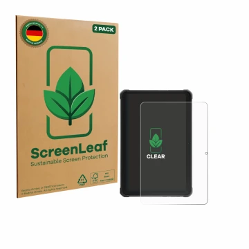 Parte frontal de un envase de producto con el logotipo de la marca ScreenLeaf. Al lado se muestra el dispositivo Hotwav R10 Pr