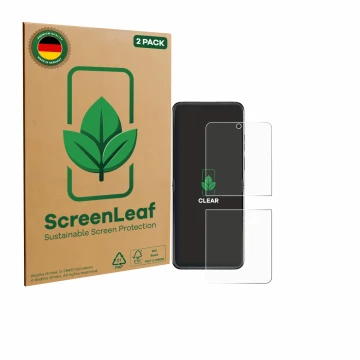 Parte frontal de un envase de producto con el logotipo de la marca ScreenLeaf. Al lado se muestra el dispositivo Motorola Razr