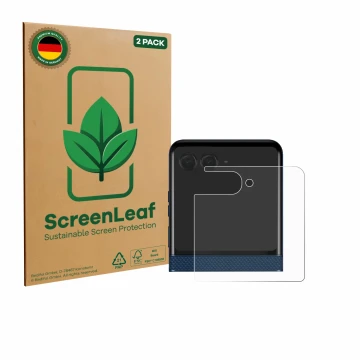 Parte frontal de un envase de producto con el logotipo de la marca ScreenLeaf. Al lado se muestra el dispositivo Motorola Razr