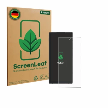 Parte frontal de un envase de producto con el logotipo de la marca ScreenLeaf. Al lado se muestra el dispositivo Nubia Z70S Ul