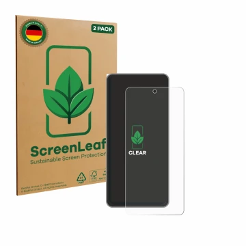 Parte frontal de un envase de producto con el logotipo de la marca ScreenLeaf. Al lado se muestra el dispositivo realme GT 7T 