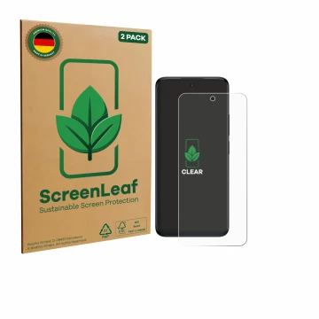 Parte frontal de un envase de producto con el logotipo de la marca ScreenLeaf. Al lado se muestra el dispositivo TCL 60 5G con