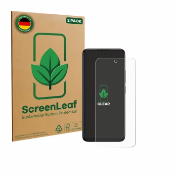 Parte frontal de un envase de producto con el logotipo de la marca ScreenLeaf. Al lado se muestra el dispositivo TCL 60R 5G co