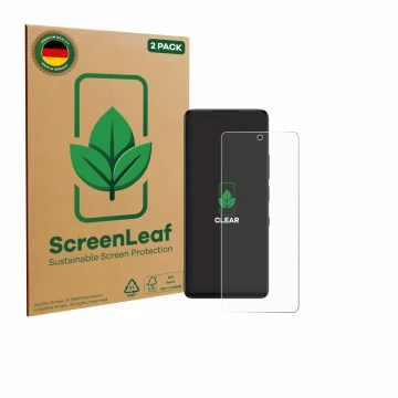 Parte frontal de un envase de producto con el logotipo de la marca ScreenLeaf. Al lado se muestra el dispositivo TCL 60 NxtPap