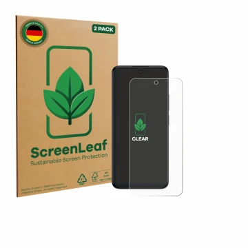 Parte frontal de un envase de producto con el logotipo de la marca ScreenLeaf. Al lado se muestra el dispositivo TCL SE NxtPap