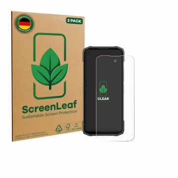 Parte frontal de un envase de producto con el logotipo de la marca ScreenLeaf. Al lado se muestra el dispositivo Doogee Blade 