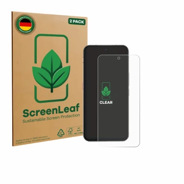 Parte frontal de un envase de producto con el logotipo de la marca ScreenLeaf. Al lado se muestra el dispositivo Oukitel WP200