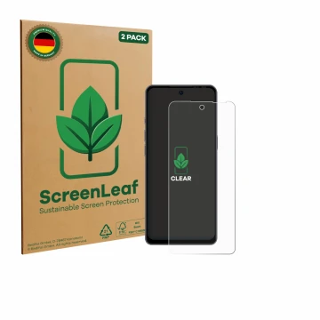 Parte frontal de un envase de producto con el logotipo de la marca ScreenLeaf. Al lado se muestra el dispositivo Ulefone Note 