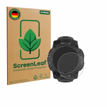 Parte frontal de un envase de producto con el logotipo de la marca ScreenLeaf. Al lado se muestra el dispositivo Garmin Instin