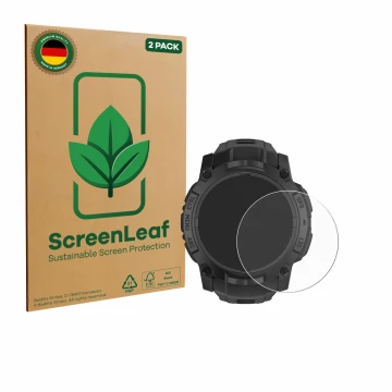 Parte frontal de un envase de producto con el logotipo de la marca ScreenLeaf. Al lado se muestra el dispositivo Garmin Instin