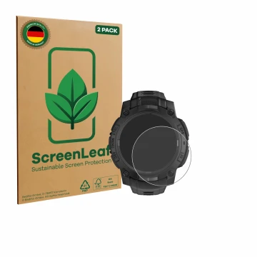 Parte frontal de un envase de producto con el logotipo de la marca ScreenLeaf. Al lado se muestra el dispositivo Garmin Instin
