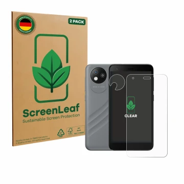 Parte frontal de un envase de producto con el logotipo de la marca ScreenLeaf. Al lado se muestra el dispositivo ZTE Blade A35