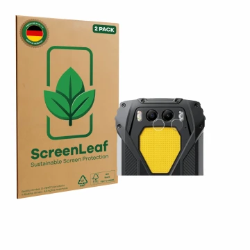 Parte frontal de un envase de producto con el logotipo de la marca ScreenLeaf. Al lado se muestra el dispositivo Blackview BV7