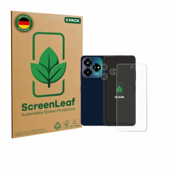 Parte frontal de un envase de producto con el logotipo de la marca ScreenLeaf. Al lado se muestra el dispositivo ZTE Blade V60
