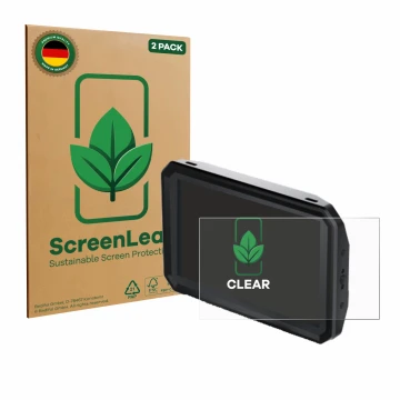 Parte frontal de un envase de producto con el logotipo de la marca ScreenLeaf. Al lado se muestra el dispositivo Blackmagic De