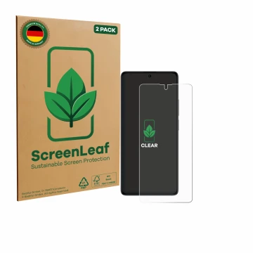 Parte frontal de un envase de producto con el logotipo de la marca ScreenLeaf. Al lado se muestra el dispositivo Xiaomi Poco M