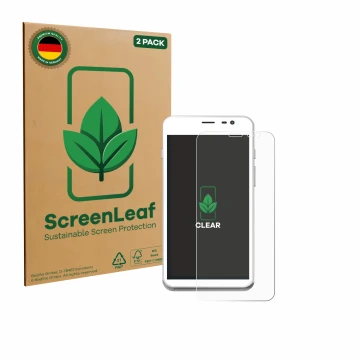 Parte frontal de un envase de producto con el logotipo de la marca ScreenLeaf. Al lado se muestra el dispositivo Pax CCV Fly A