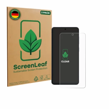 Parte frontal de un envase de producto con el logotipo de la marca ScreenLeaf. Al lado se muestra el dispositivo Samsung Galax