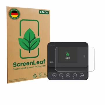 Parte frontal de un envase de producto con el logotipo de la marca ScreenLeaf. Al lado se muestra el dispositivo ISDT K2Zip co