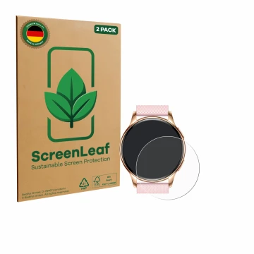 Parte frontal de un envase de producto con el logotipo de la marca ScreenLeaf. Al lado se muestra el dispositivo Maoo VT.11 co
