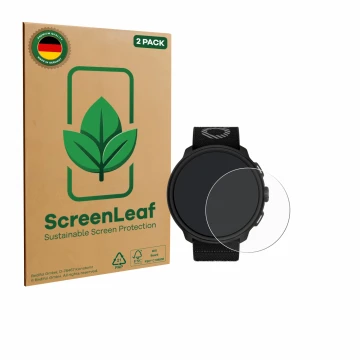 Parte frontal de un envase de producto con el logotipo de la marca ScreenLeaf. Al lado se muestra el dispositivo Suunto Run co