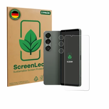 Parte frontal de un envase de producto con el logotipo de la marca ScreenLeaf. Al lado se muestra el dispositivo Sony Xperia 1