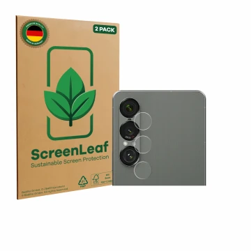 Parte frontal de un envase de producto con el logotipo de la marca ScreenLeaf. Al lado se muestra el dispositivo Sony Xperia 1