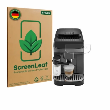Parte frontal de un envase de producto con el logotipo de la marca ScreenLeaf. Al lado se muestra el dispositivo DeLonghi Magn