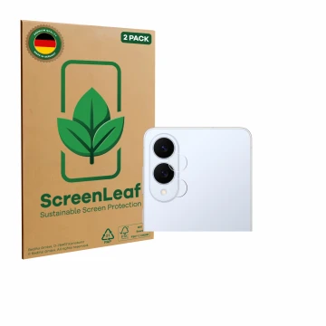 Parte frontal de un envase de producto con el logotipo de la marca ScreenLeaf. Al lado se muestra el dispositivo Samsung Galax