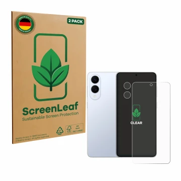 Parte frontal de un envase de producto con el logotipo de la marca ScreenLeaf. Al lado se muestra el dispositivo Samsung Galax