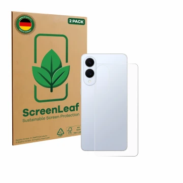 Parte frontal de un envase de producto con el logotipo de la marca ScreenLeaf. Al lado se muestra el dispositivo Samsung Galax