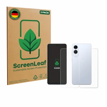 Parte frontal de un envase de producto con el logotipo de la marca ScreenLeaf. Al lado se muestra el dispositivo Samsung Galax
