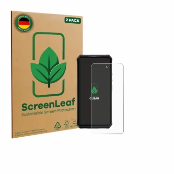 Parte frontal de un envase de producto con el logotipo de la marca ScreenLeaf. Al lado se muestra el dispositivo Ulefone Armor