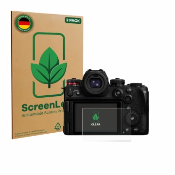 Parte frontal de un envase de producto con el logotipo de la marca ScreenLeaf. Al lado se muestra el dispositivo Panasonic Lum
