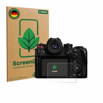 Parte frontal de un envase de producto con el logotipo de la marca ScreenLeaf. Al lado se muestra el dispositivo Panasonic Lum