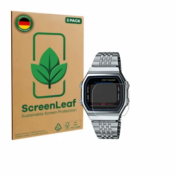 Parte frontal de un envase de producto con el logotipo de la marca ScreenLeaf. Al lado se muestra el dispositivo Casio iconic 