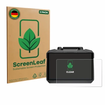 Parte frontal de un envase de producto con el logotipo de la marca ScreenLeaf. Al lado se muestra el dispositivo DJI RC Pro 2 