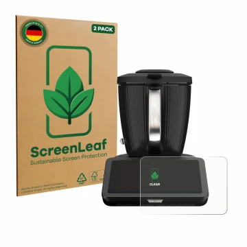 Parte frontal de un envase de producto con el logotipo de la marca ScreenLeaf. Al lado se muestra el dispositivo Vorwerk Bimby