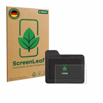 Parte frontal de un envase de producto con el logotipo de la marca ScreenLeaf. Al lado se muestra el dispositivo Naviter Omni 