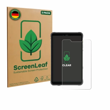 Parte frontal de un envase de producto con el logotipo de la marca ScreenLeaf. Al lado se muestra el dispositivo Ulefone Armor