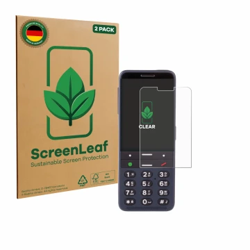 Parte frontal de un envase de producto con el logotipo de la marca ScreenLeaf. Al lado se muestra el dispositivo BlindShell Cl