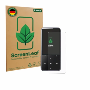Parte frontal de un envase de producto con el logotipo de la marca ScreenLeaf. Al lado se muestra el dispositivo AGPtek M3 con