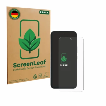 Parte frontal de un envase de producto con el logotipo de la marca ScreenLeaf. Al lado se muestra el dispositivo Infinix GT 30