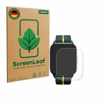 Parte frontal de un envase de producto con el logotipo de la marca ScreenLeaf. Al lado se muestra el dispositivo Motorola Moto