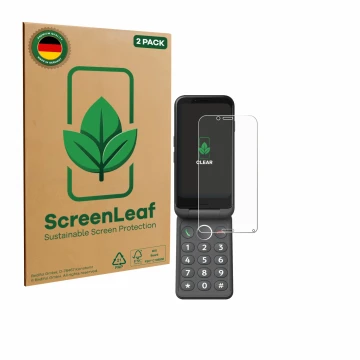 Parte frontal de un envase de producto con el logotipo de la marca ScreenLeaf. Al lado se muestra el dispositivo Doro Aurora A
