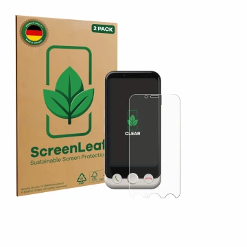 Parte frontal de un envase de producto con el logotipo de la marca ScreenLeaf. Al lado se muestra el dispositivo Doro Aurora A